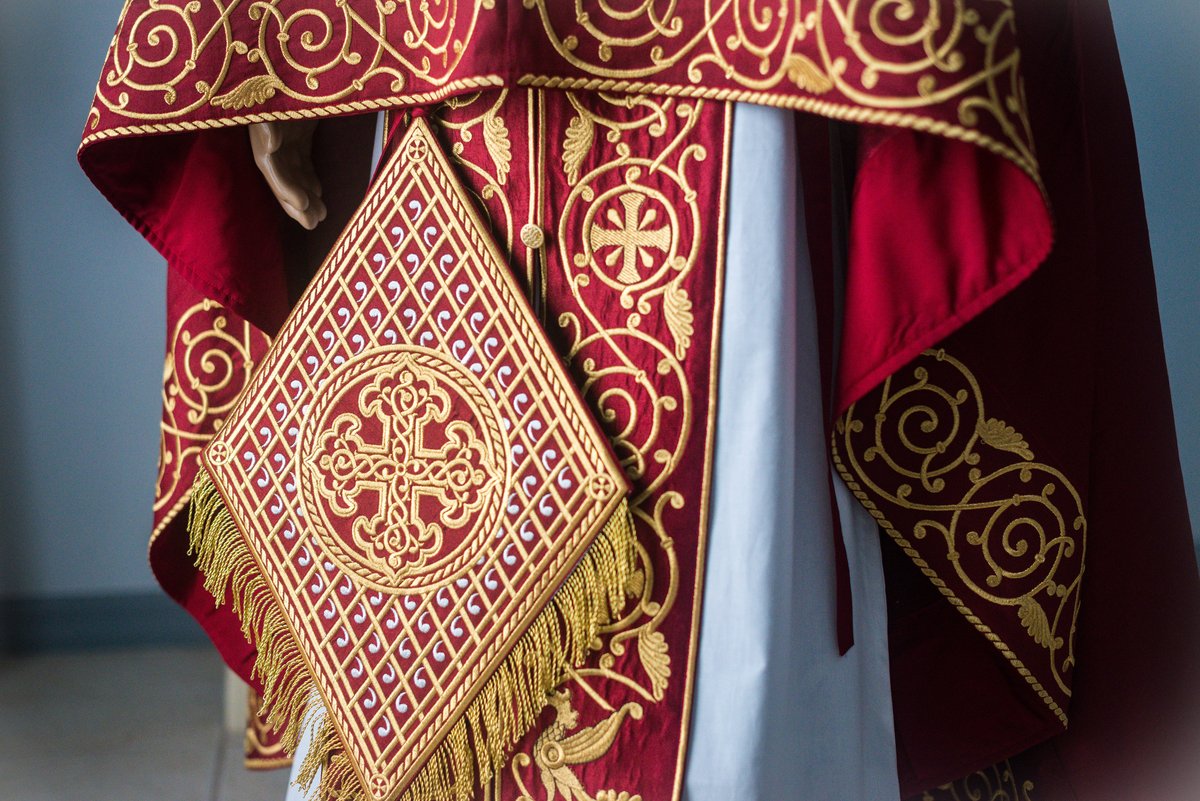 Orthodox priest vestments set linen, dark red, Gold. Lions — photo 7