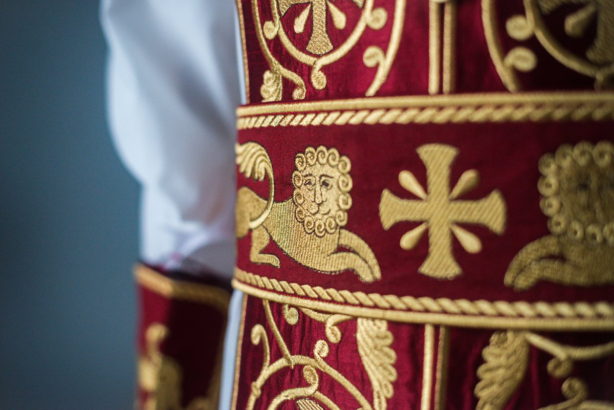 Orthodox priest vestments set linen, dark red, Gold. Lions