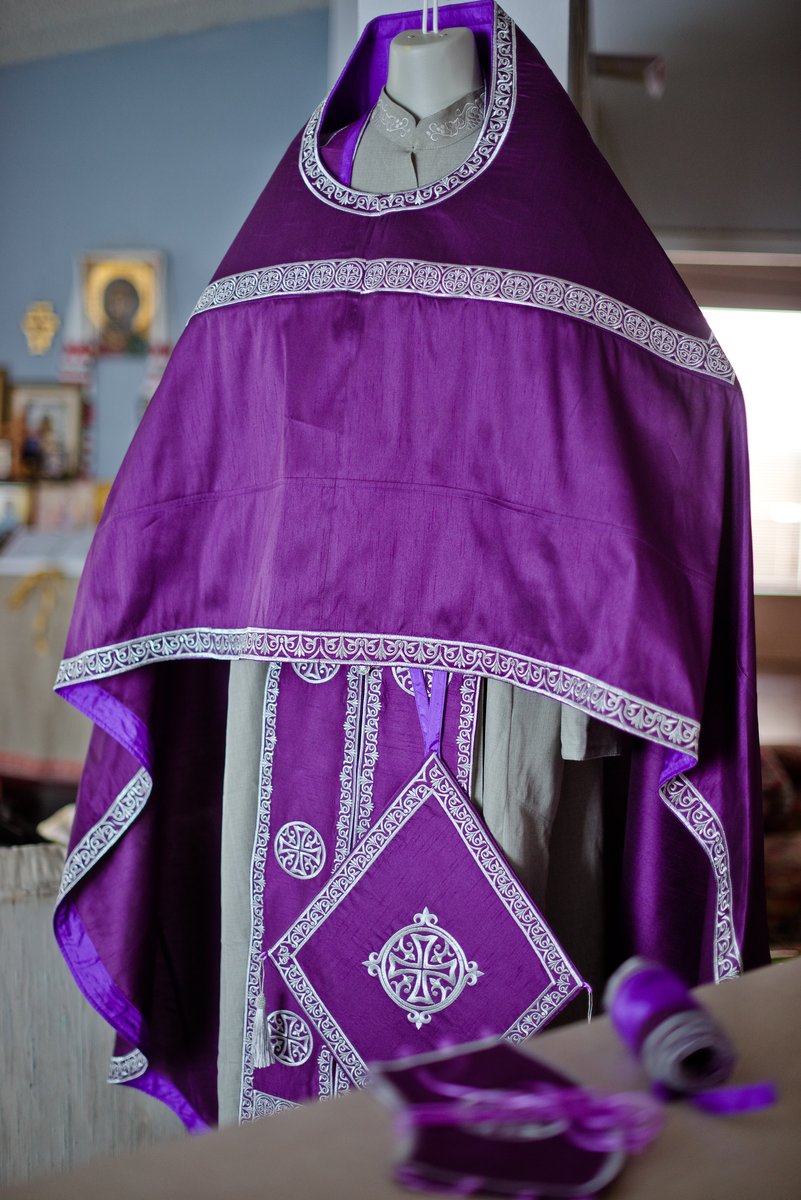 Orthodox priest vestments set, Purple silver, Embroidered, silk, Russian style