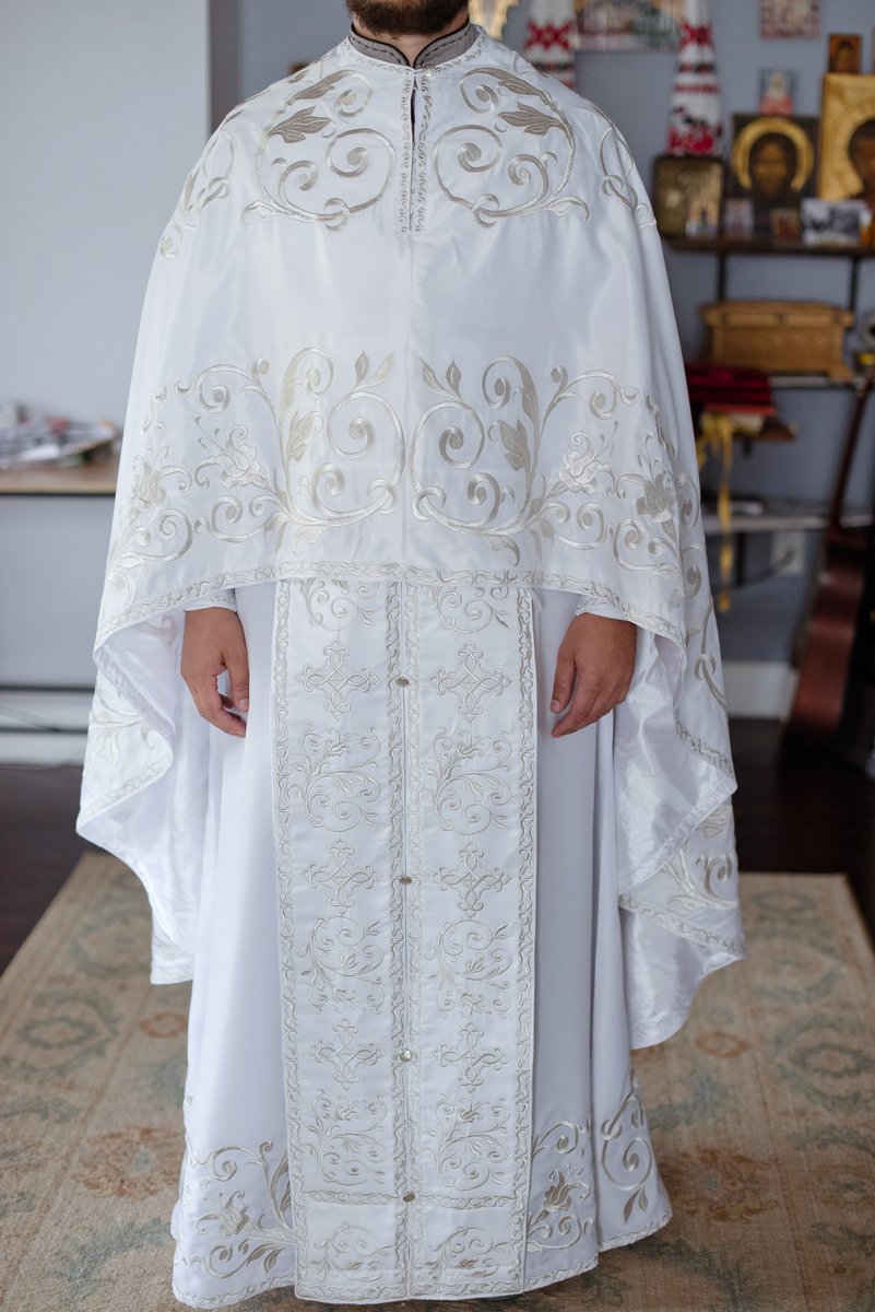 Orthodox priest vestments set, White, Embroidered, silk
