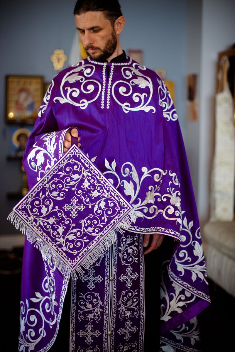 Orthodox priest vestments set, Purple silver, Embroidered, silk — photo 2