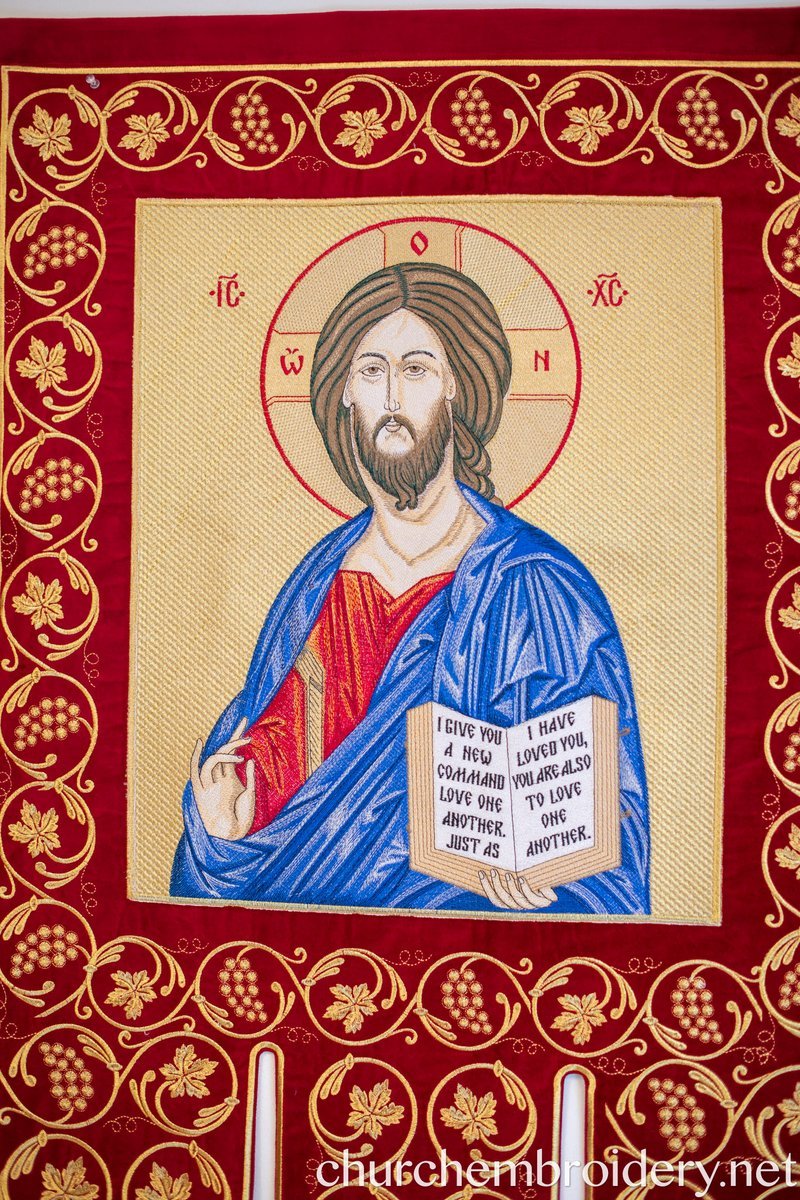 Pair of Embroidered Banners Horugvy with Christ our Lord and Theotokos