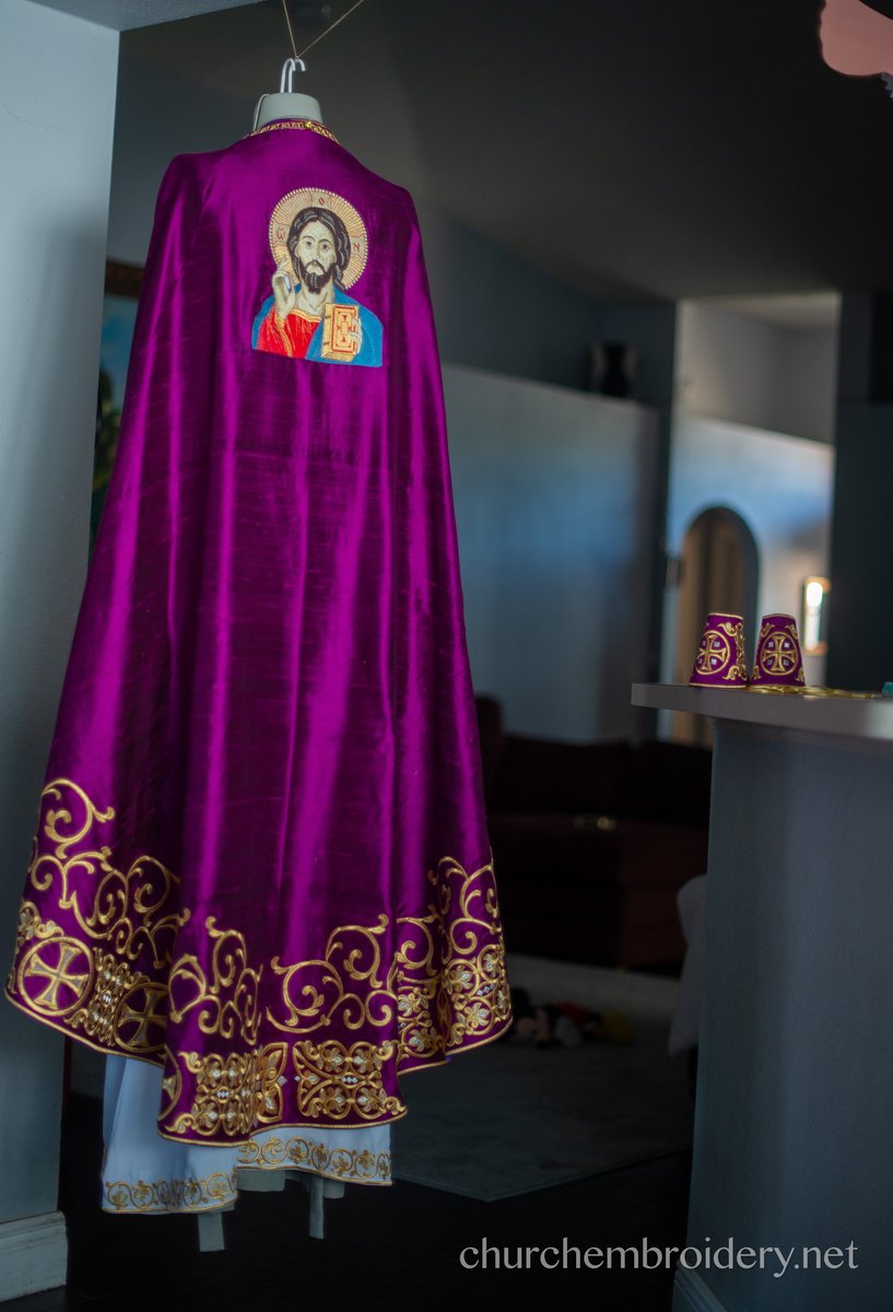 Purple-gold  full embroidered  vestments priest set — photo 3