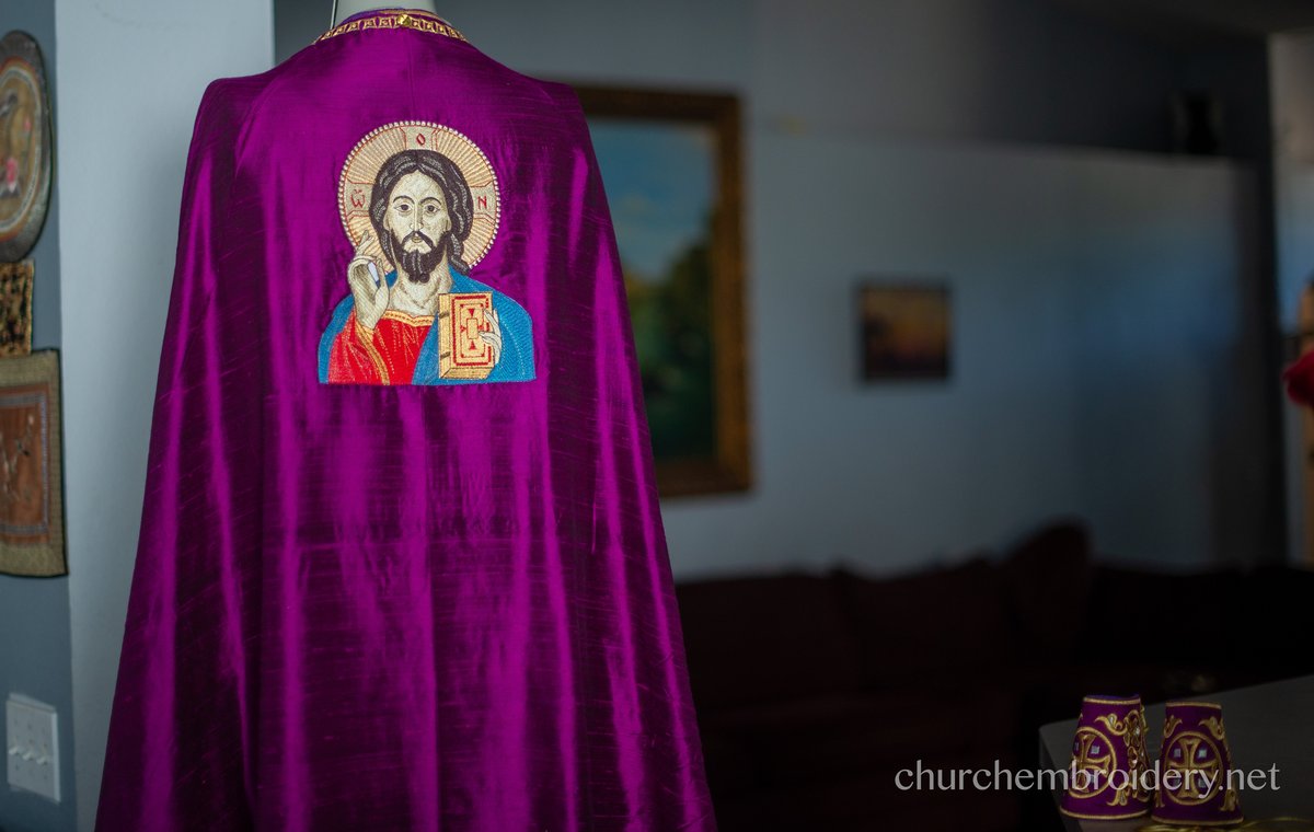 Purple-gold  full embroidered  vestments priest set — photo 4