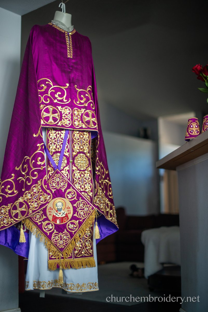 Purple-gold  full embroidered  vestments priest set — photo 5