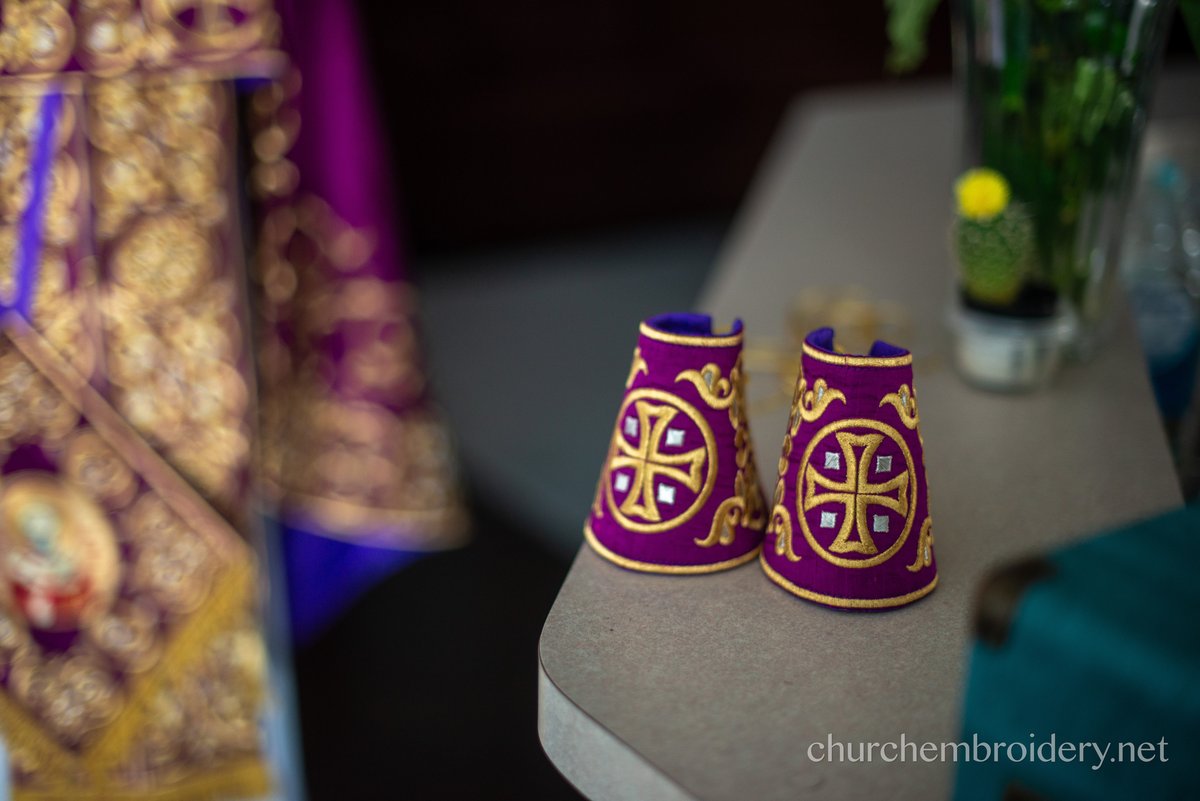 Purple-gold  full embroidered  vestments priest set — photo 6