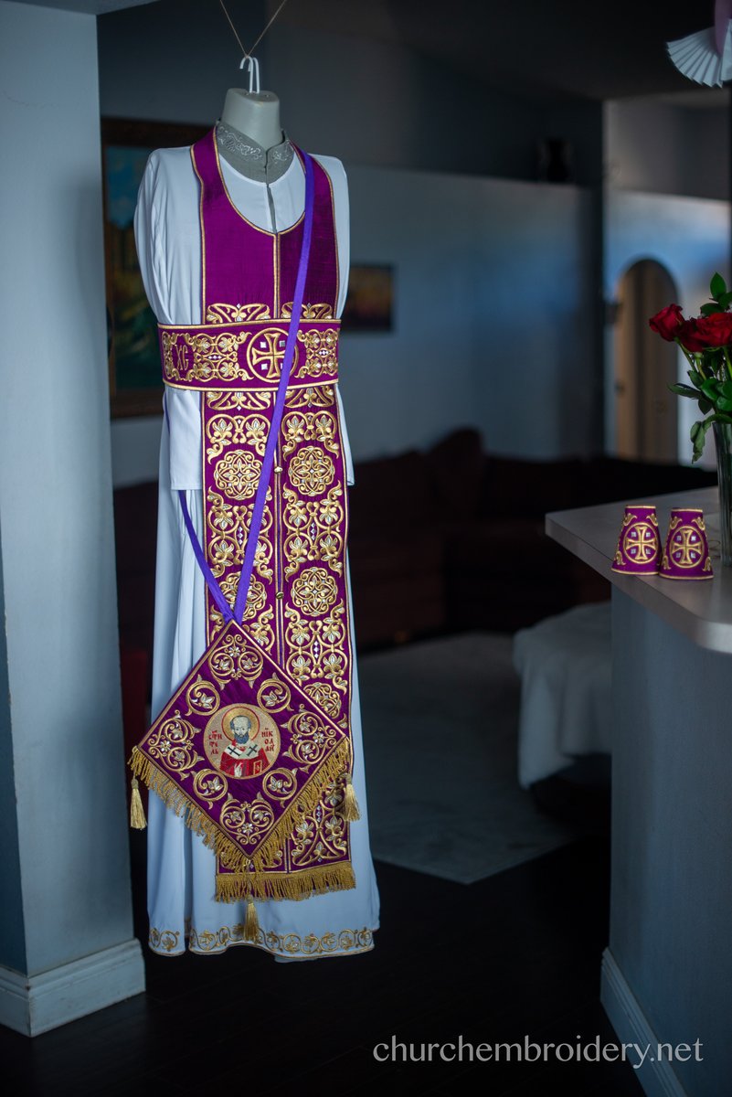 Purple-gold  full embroidered  vestments priest set — photo 9