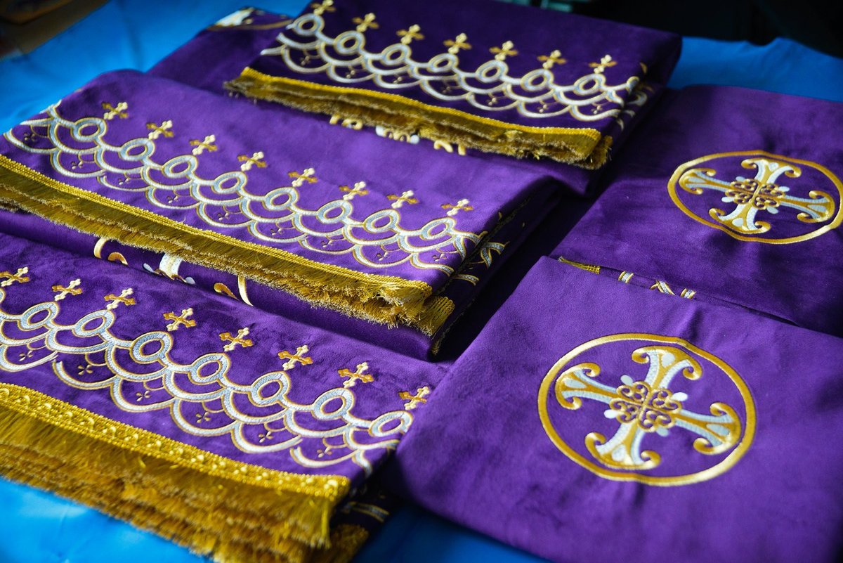 The altar and church covers purple color with metallic silver embroidery»