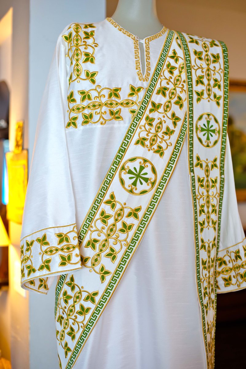 Embroidered Orthodox Deacon Vestment Set in White &amp; Green — photo 11