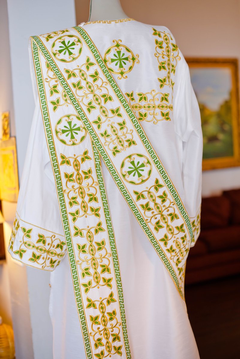 Embroidered Orthodox Deacon Vestment Set in White &amp; Green — photo 2