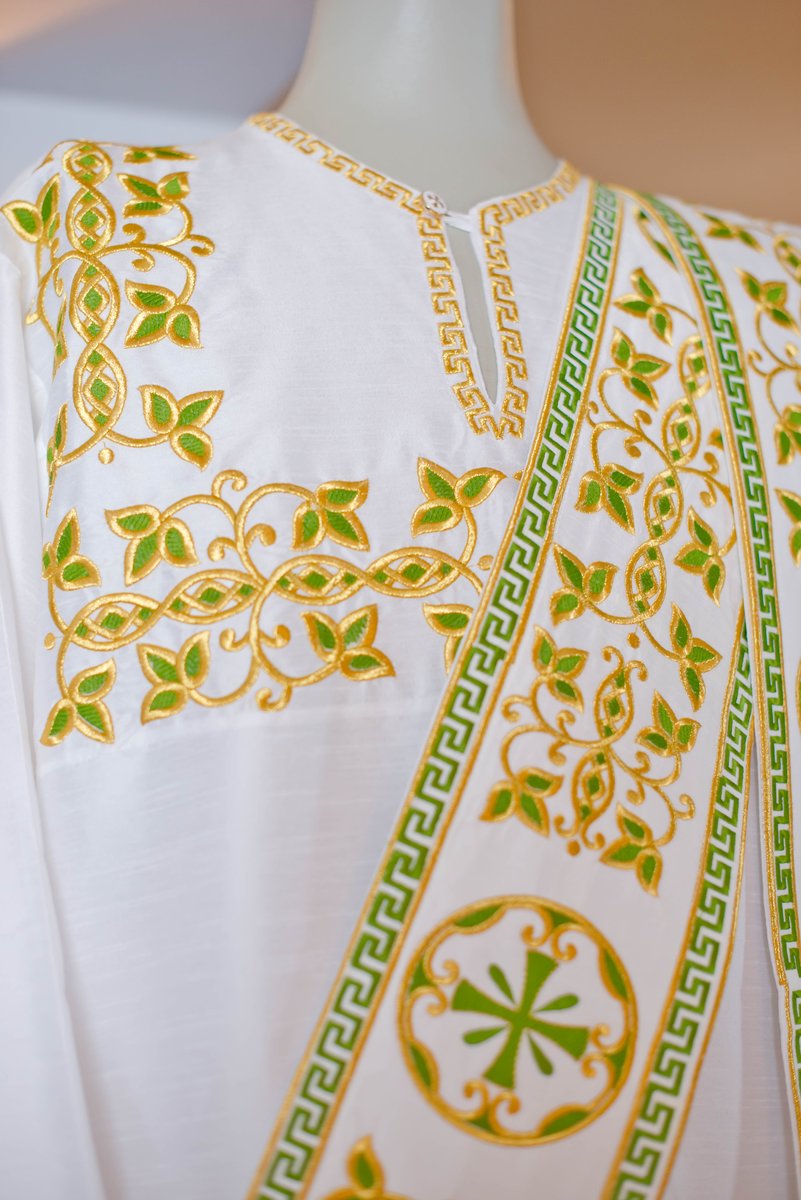 Embroidered Orthodox Deacon Vestment Set in White &amp; Green — photo 4