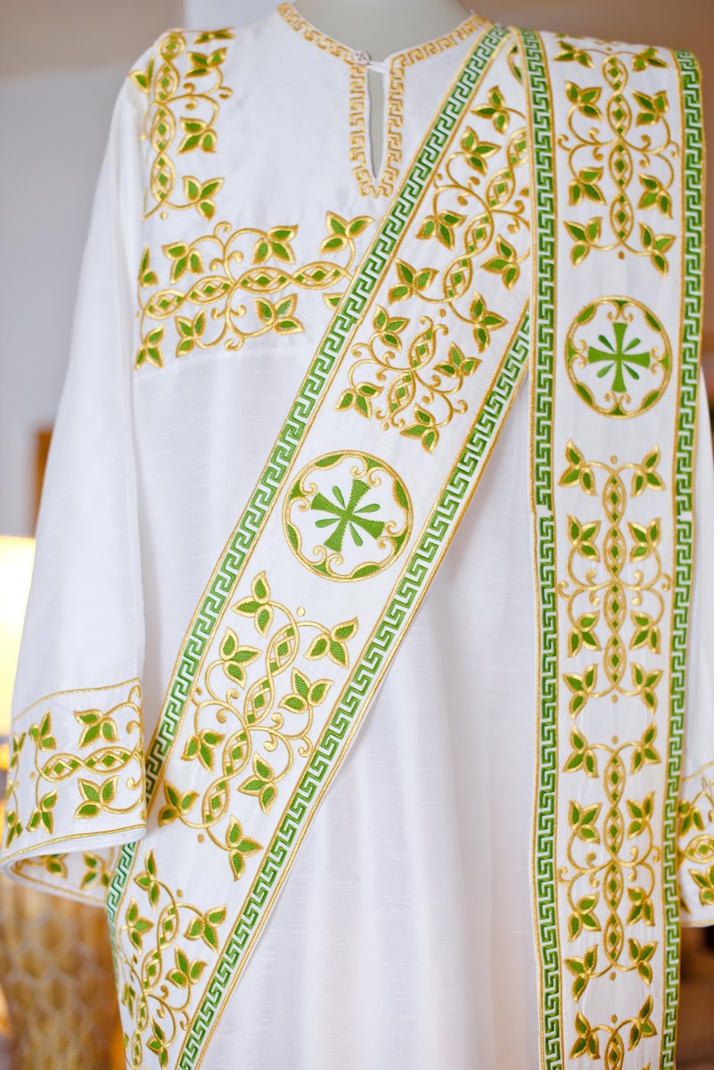 Embroidered Orthodox Deacon Vestment Set in White &amp; Green — photo 5
