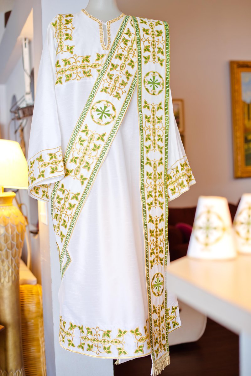 Embroidered Orthodox Deacon Vestment Set in White &amp; Green — photo 6