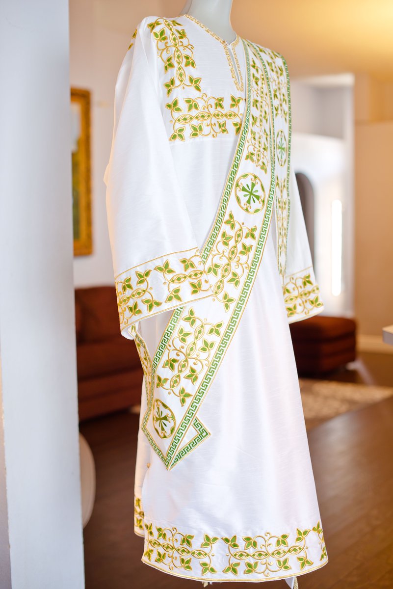 Embroidered Orthodox Deacon Vestment Set in White &amp; Green — photo 7