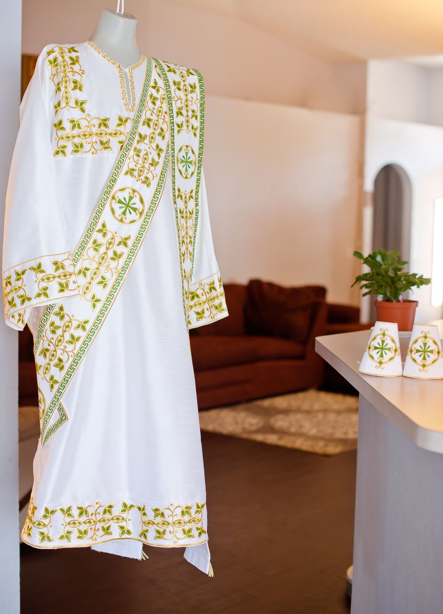 Embroidered Orthodox Deacon Vestment Set in White &amp; Green — photo 9