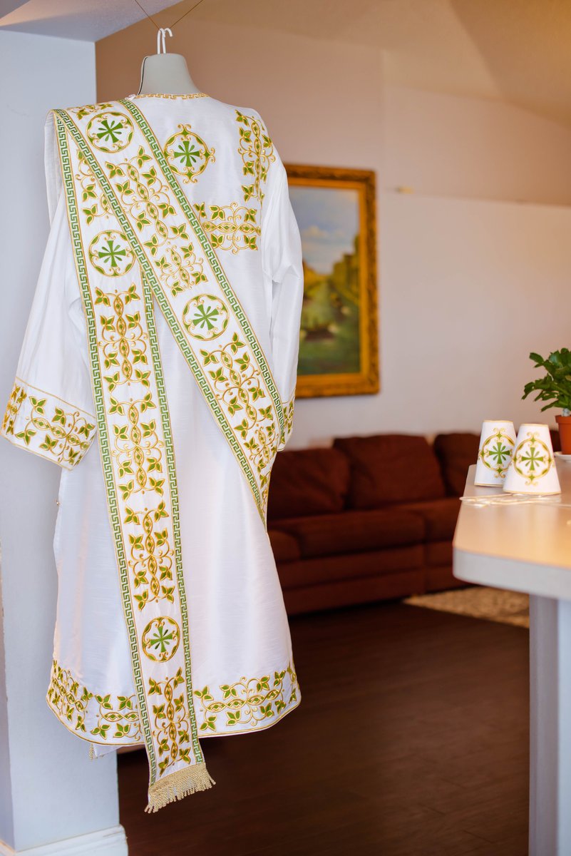 Embroidered Orthodox Deacon Vestment Set in White &amp; Green