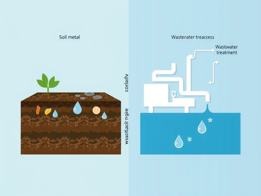 A conceptual diagram (4:3 ratio) illustrating soil and water remediation processes. On one side, a cross-section of polluted soil with heavy metals and oil droplets. On the other, a stylized representation of a wastewater treatment plant, with arrows showing clean water emerging. Include microscopic elements like bacteria or fungi for biodegradation. - AI-generated illustration