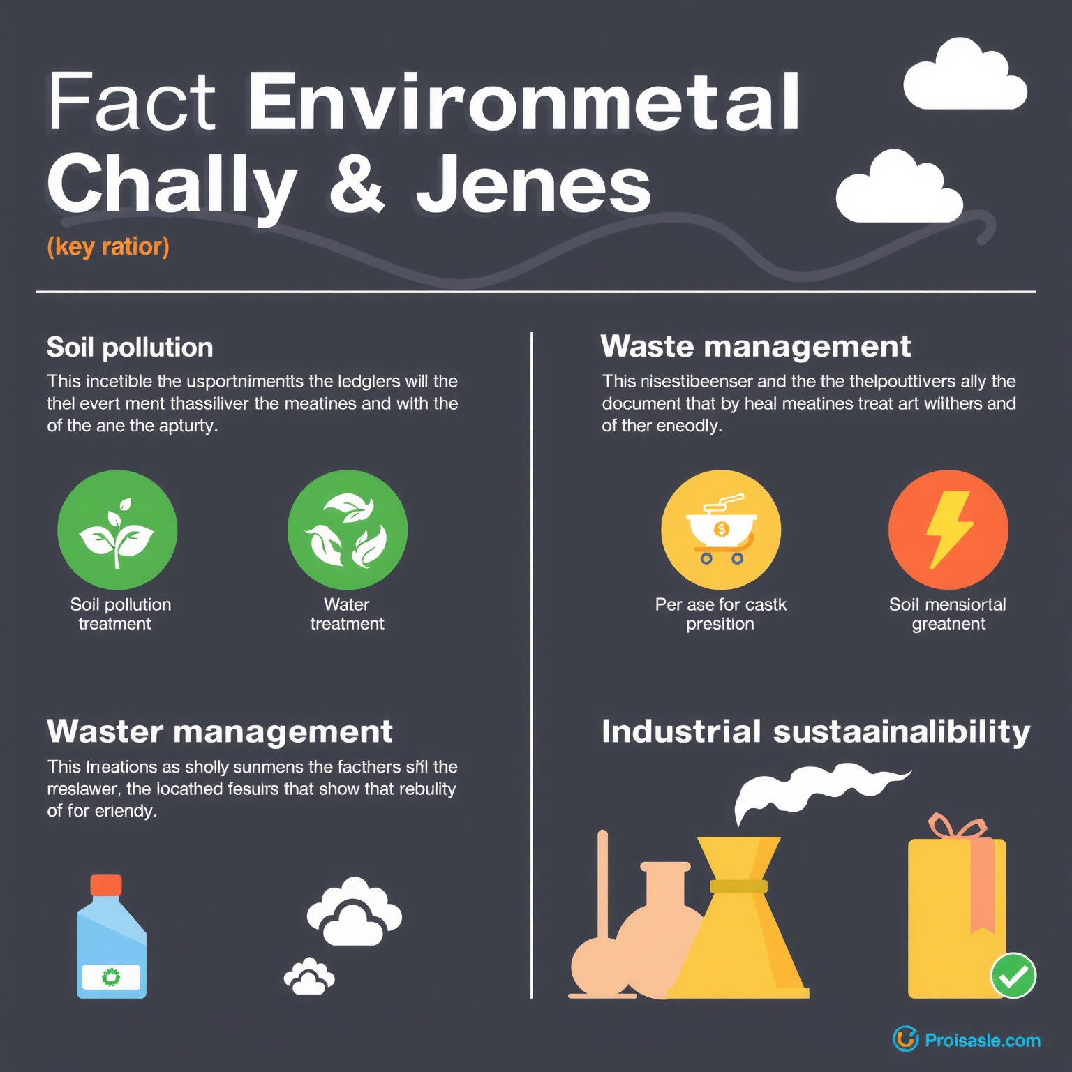 A clean, modern infographic (1:1 ratio) summarizing key facts about environmental challenges and solutions. Use icons for soil pollution, water treatment, waste management, and industrial sustainability. Display 3-5 concise bullet points or short sentences for each fact, with a clear, positive color palette. - AI-generated illustration