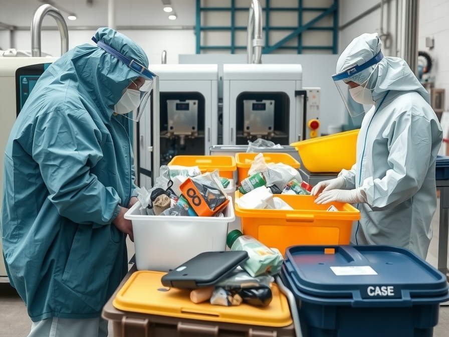 A practical application image (4:3 ratio) showing a healthcare waste management facility. Workers in protective gear are sorting medical waste, with specialized machines for decontamination in the background. The scene should convey efficiency and safety, possibly with a visible distinction between different waste types. - AI-generated illustration