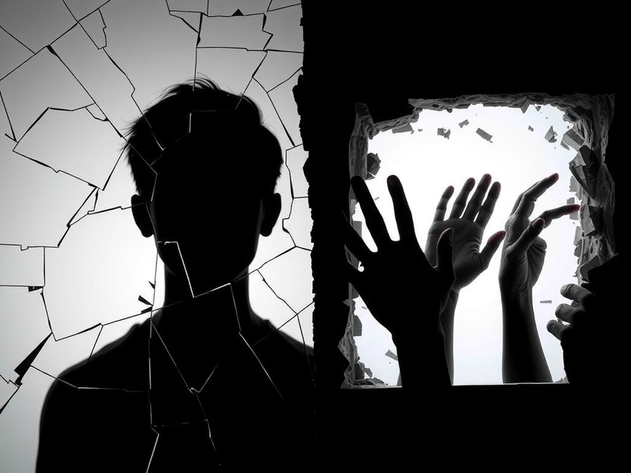 A visual metaphor depicting mental health challenges and social barriers. On one side, a silhouette of a person looking distressed, with shattered glass or cracks around them. On the other side, hands reaching out in support, breaking through a wall. Focus on the 'gap' and 'collisions' concepts. 4:3 aspect ratio. - AI-generated illustration