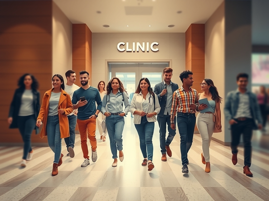 An image illustrating the concept of overcoming stigma in healthcare. A diverse group of people (some visibly LGBTQ+, some from different ethnic backgrounds) walking confidently towards a modern, welcoming clinic entrance, with blurred, negative shadows or whispers fading behind them. 4:3 aspect ratio. - AI-generated illustration