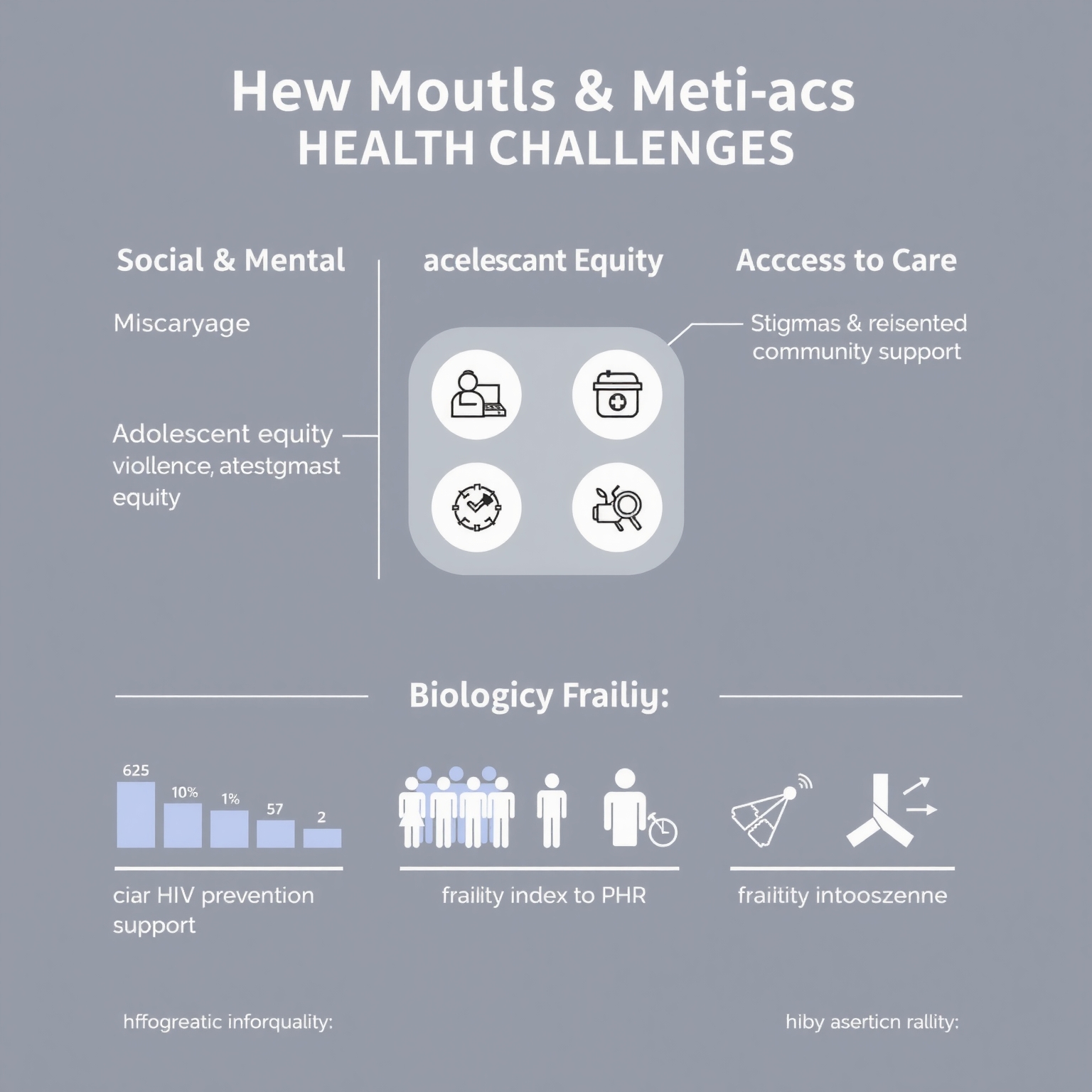 A clean, modern infographic presenting three main sections: 'Social & Mental Health Challenges' (with icons for miscarriage, violence, adolescent equity), 'Stigma & Access to Care' (with icons for HIV prevention, community support), and 'Biological Frailty' (with icons for frailty index, testosterone, PHR). Use clear data visualization elements and a balanced layout. 1:1 aspect ratio. - AI-generated illustration