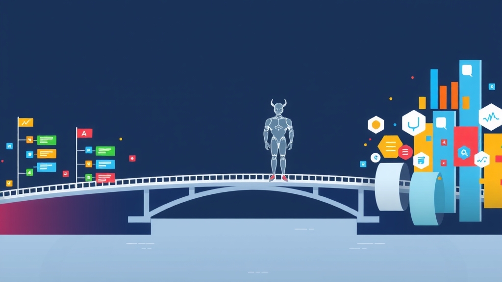 An abstract, illustrative image depicting a bridge connecting two different data distributions, symbolizing 'data shift'. One side is organized and colorful, the other is chaotic and faded. A digital guardian symbol stands on the bridge, representing monitoring. Illustrative, 16:9 aspect ratio. - AI-generated illustration