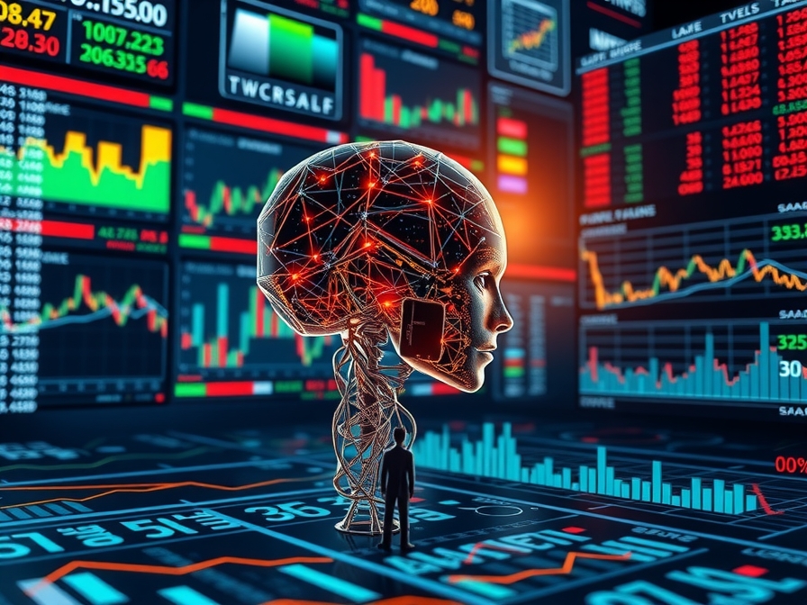 A visual representation of an AI agent analyzing financial market data, surrounded by complex graphs, stock tickers, and investment portfolios. The AI is depicted as a sophisticated, glowing neural network making calculations, with a small human figure observing in the background. Emphasize decision-making and optimization. 4:3 aspect ratio. - AI-generated illustration