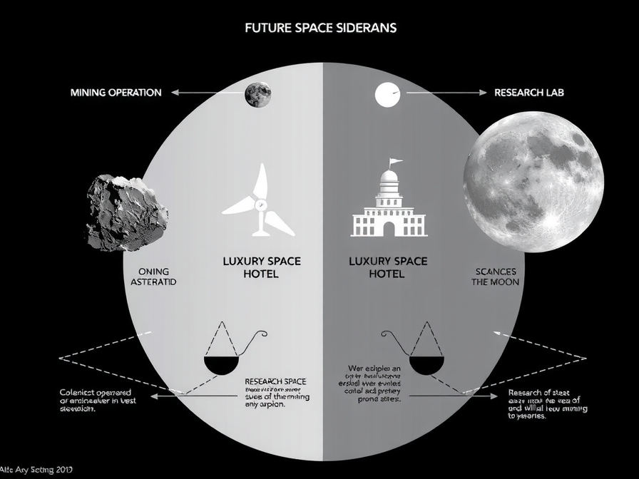 A conceptual diagram showing different aspects of future space activities: a mining operation on an asteroid, a luxury space hotel, and a research lab on the Moon, with ethical considerations represented by intertwined lines or scales. 4:3 aspect ratio, clean design, infographic style. - AI-generated illustration