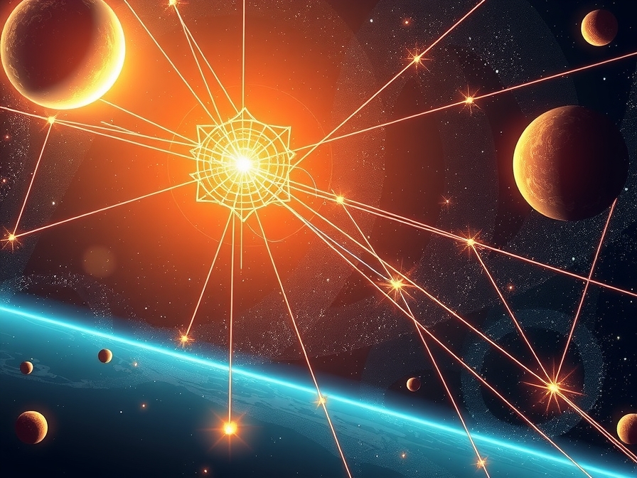 A symbolic representation of 'Space as Energy'. Imagine glowing cosmic threads connecting celestial bodies, with subtle energy patterns flowing through the vacuum, illustrating the idea of space being an active, energetic component rather than just emptiness. 4:3 aspect ratio, abstract, dynamic, scientific illustration style. - AI-generated illustration