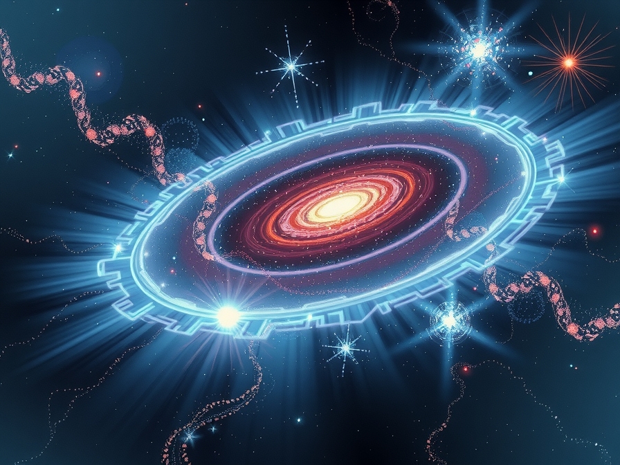 A 4:3 illustration depicting the abstract concept of 'Space is Energy'. Show cosmic dust, galaxies, and nebulae forming intricate patterns, with visible energy lines and particles flowing through them, subtly hinting at a unified field where space, energy, and matter are interchangeable. Use a dark, mysterious background with bright, glowing energy currents. Conceptual and artistic, yet scientifically inspired. - AI-generated illustration