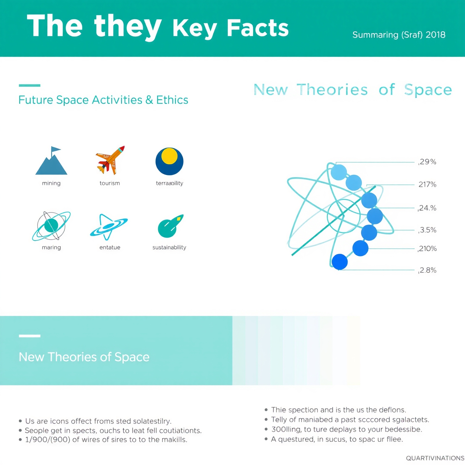 A 1:1 infographic summarizing the key facts. Use a clean, modern design with icons. Divide into two main sections: 'Future Space Activities & Ethics' (showing mining, tourism, terraforming with a 'sustainability' icon) and 'New Theories of Space' (showing intertwining symbols for space, energy, matter, and a 'quantum universe' icon). Use contrasting but harmonious colors, clear text, and a compelling layout for easy understanding. - AI-generated illustration
