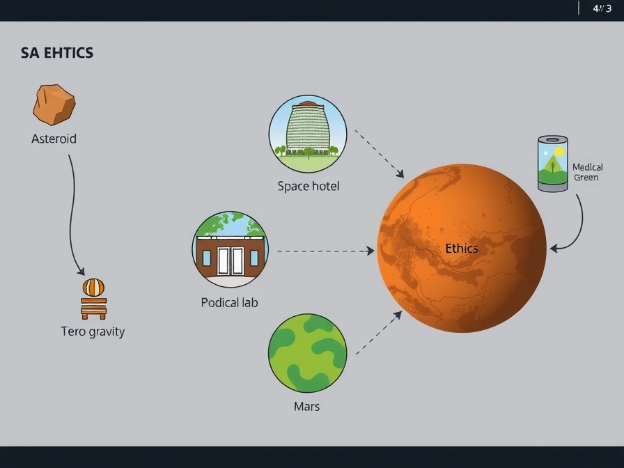 A 4:3 diagram or conceptual illustration showing the various future space activities mentioned: mining an asteroid, a luxurious space hotel orbiting Earth, a medical lab module in zero gravity, and a partially terraformed Mars with visible green patches and atmospheric processors. Use clear, distinct icons or stylized representations for each activity, connected by arrows indicating progress and ethical considerations, with a subtle overlay of 'sustainability' or 'ethics' keywords. - AI-generated illustration