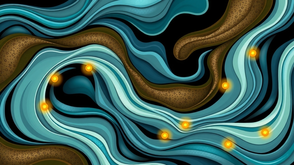 An abstract, illustrative image (16:9) depicting the interconnectedness of environmental challenges: swirling patterns of water, soil, and air, with small glowing nodes representing data and solutions. Colors are natural but with a touch of digital luminescence. - AI-generated illustration