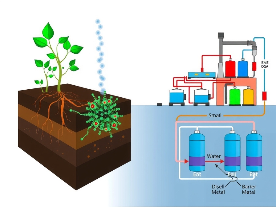 A detailed conceptual diagram (4:3) showing a cross-section of soil undergoing bioremediation, with plant roots, microbial activity (represented by glowing networks), and small nanocarbon particles interacting with diesel oil molecules and heavy metal ions. On the side, a simplified schematic of an advanced wastewater treatment plant (E-MLE-OSA process) with different colored tanks and arrows indicating water flow and purification stages. - AI-generated illustration