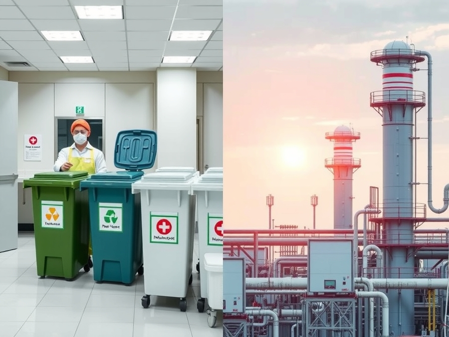 A split image (4:3): on one side, a modern, sterile healthcare facility showing segregated waste bins and a technician handling medical waste safely, emphasizing decontamination. On the other side, an industrial gas refinery with monitoring equipment and clean emissions, symbolizing optimized performance for environmental protection. - AI-generated illustration
