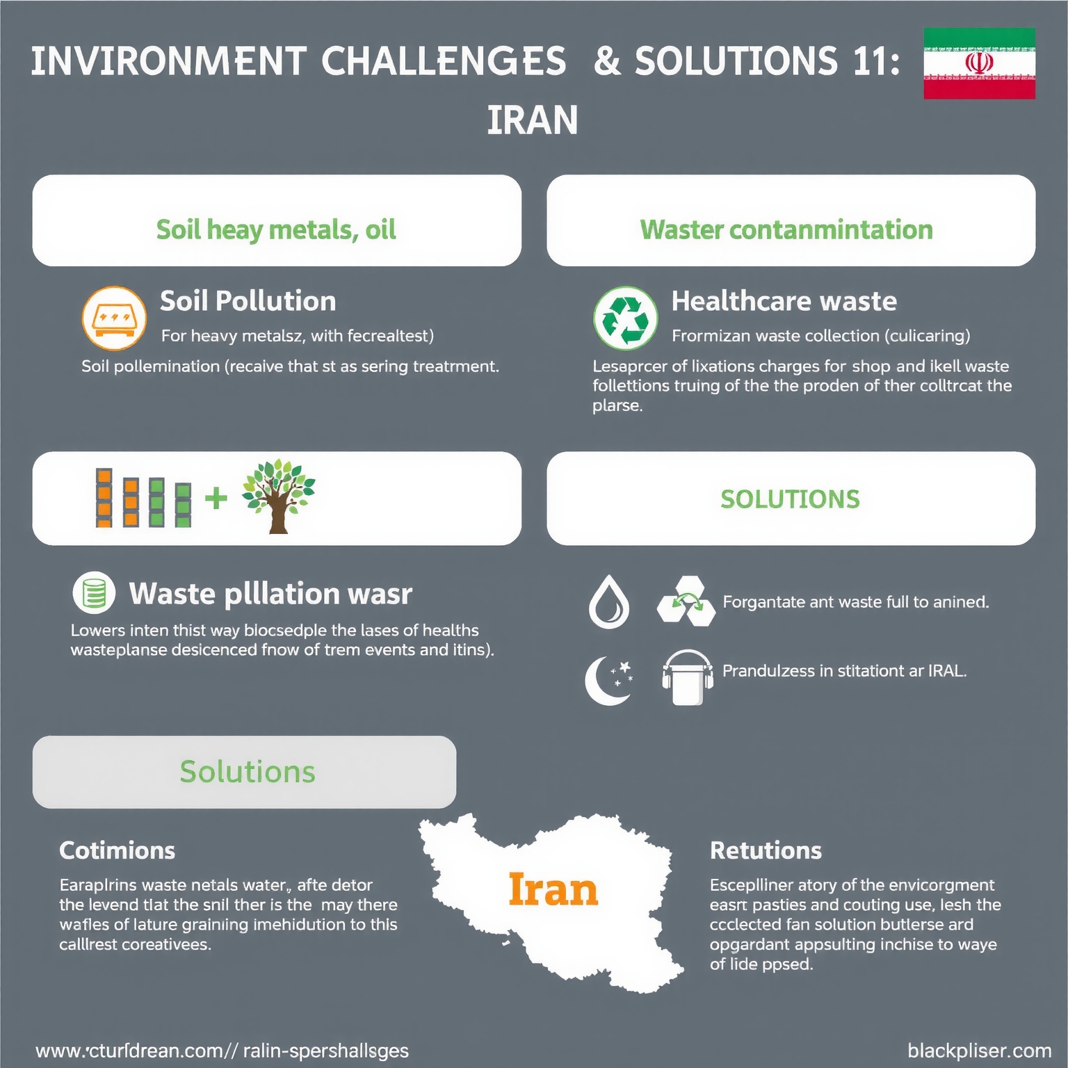 A clean, modern infographic (1:1) summarizing key environmental challenges and solutions in Iran. Use icons for soil pollution (heavy metals, oil), water contamination (wastewater), and waste management (healthcare waste). Next to each challenge, show corresponding solutions like bioremediation, advanced treatment plants, and optimized waste collection. Include a small map of Iran with highlighted areas for context. Use a color palette of greens, blues, and grays. - AI-generated illustration