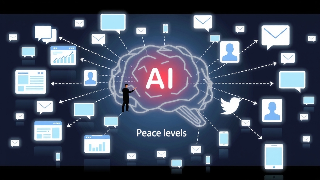 Stylized digital representation of information flowing from news feeds and social media, converging into a central AI brain that then branches out into insights about peace levels and media consumption patterns. Illustrative, 16:9 aspect ratio. - AI-generated illustration