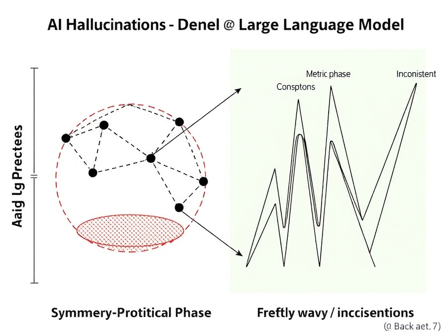 Conceptual diagram showing a large language model inside a 'Symmetry-Protected Topological Phase' with geometric shapes representing robust logical operations, contrasting with a 'Metric Phase' where lines are wavy and inconsistent, illustrating the concept of combating AI hallucinations. 4:3 aspect ratio. - AI-generated illustration