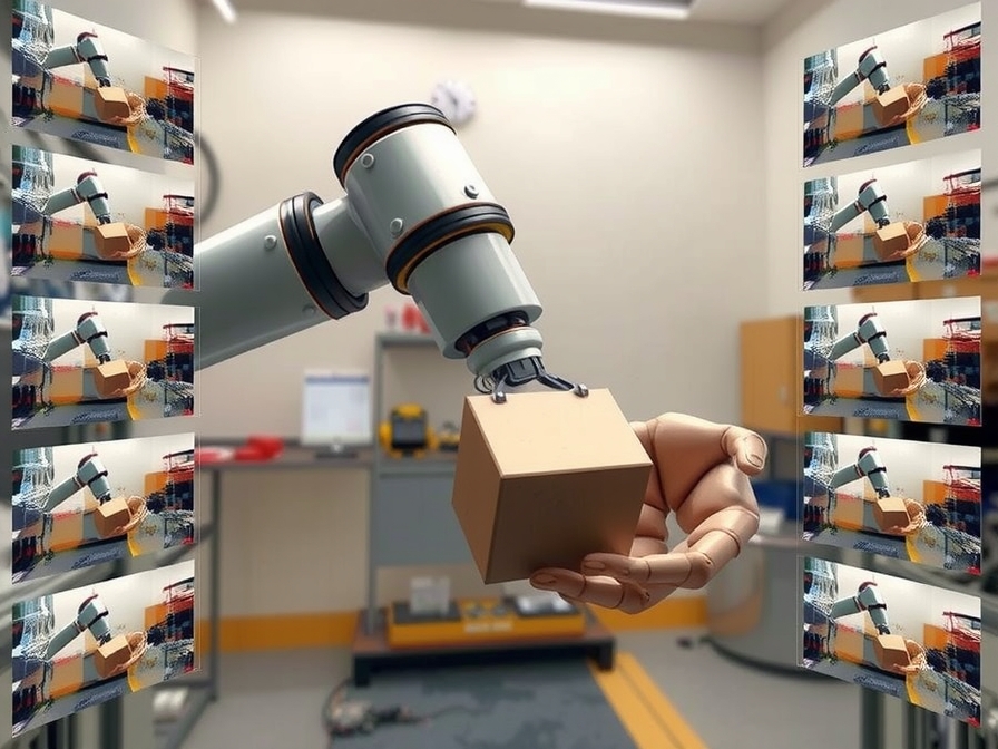 A robot arm meticulously assembling a complex object in a diverse environment, with multiple virtual camera views surrounding it, demonstrating how AI-generated multi-view video data (RoboVIP) augments real-world robot manipulation training. Practical application, 4:3 aspect ratio. - AI-generated illustration