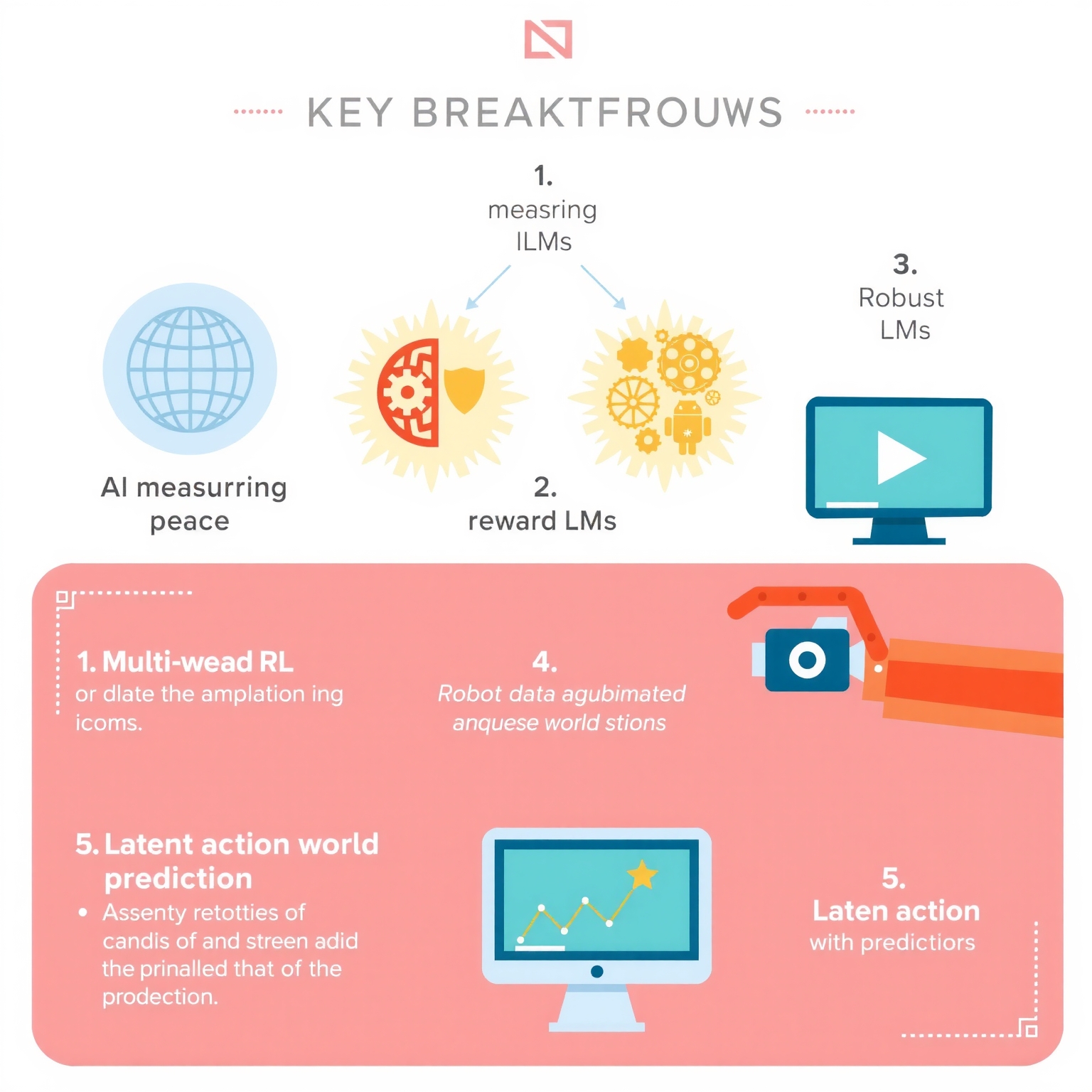 A clean, modern infographic summarizing key breakthroughs: 1. AI measuring peace (globe icon), 2. Robust LLMs (brain icon with shield), 3. Multi-reward RL (gears with diverse icons), 4. Robot data augmentation (robot arm with camera icon), 5. Latent action world models (video screen with prediction arrow). Each point has a short descriptive text. 1:1 aspect ratio. - AI-generated illustration