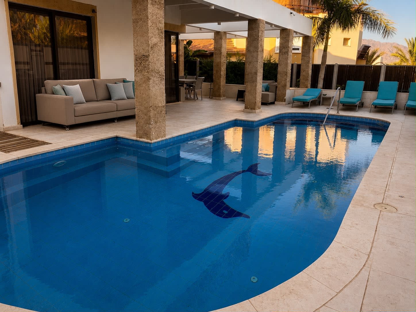 Piscine privée avec une mosaïque de dauphin au fond, des transats et un coin salon dans une villa à Eilat annoncée sur Livo