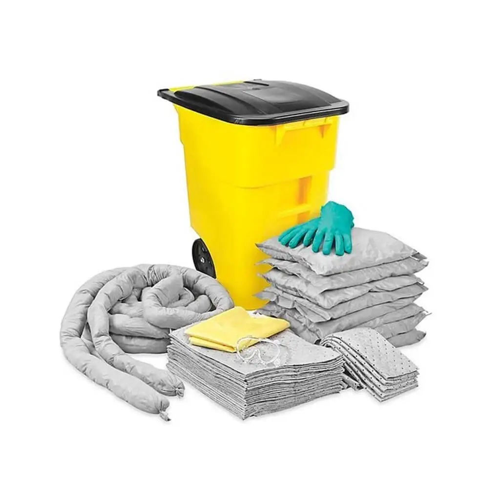 Industrial spill kit with absorbent materials for chemical and oil spills