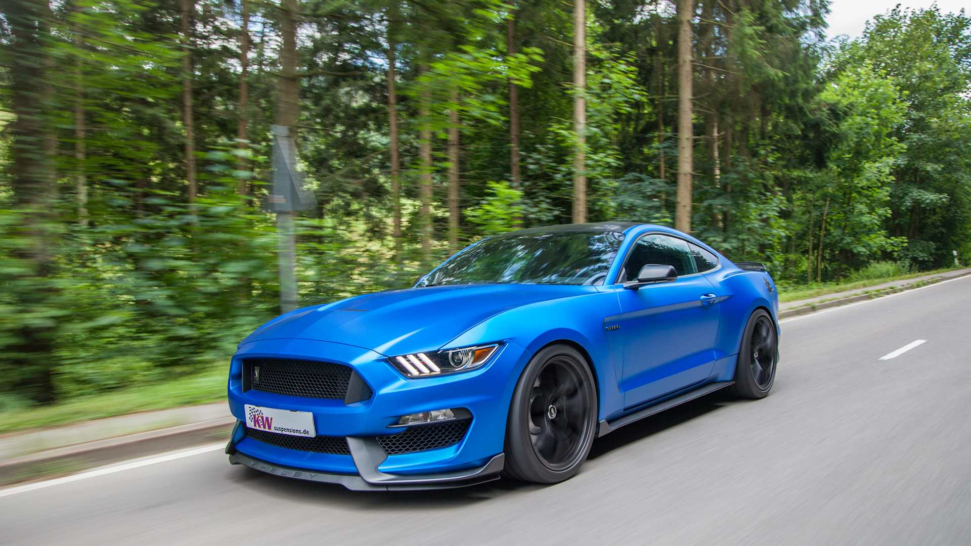 Blauer Ford Mustang mit KW Fahrwerk auf einer Landstraße im Wald