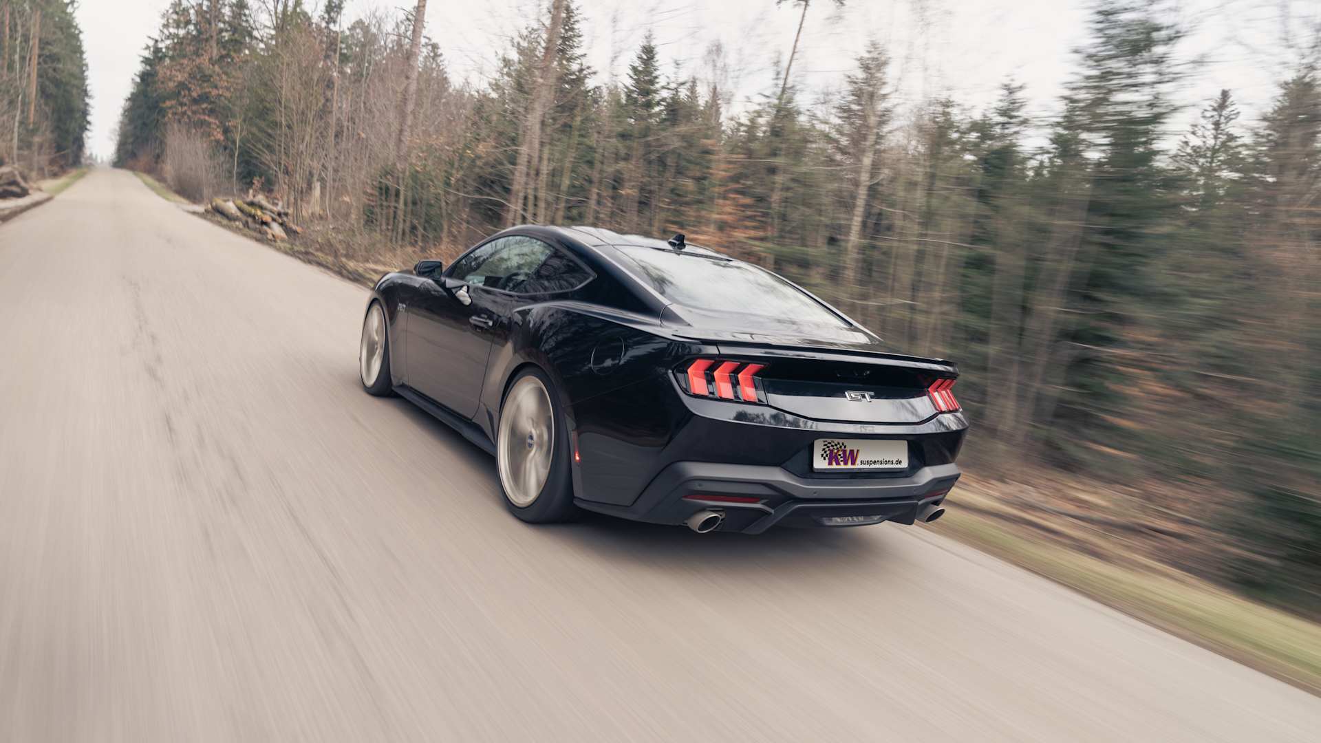 Heckansicht eines fahrenden Ford Mustang GT auf einer Landstraße