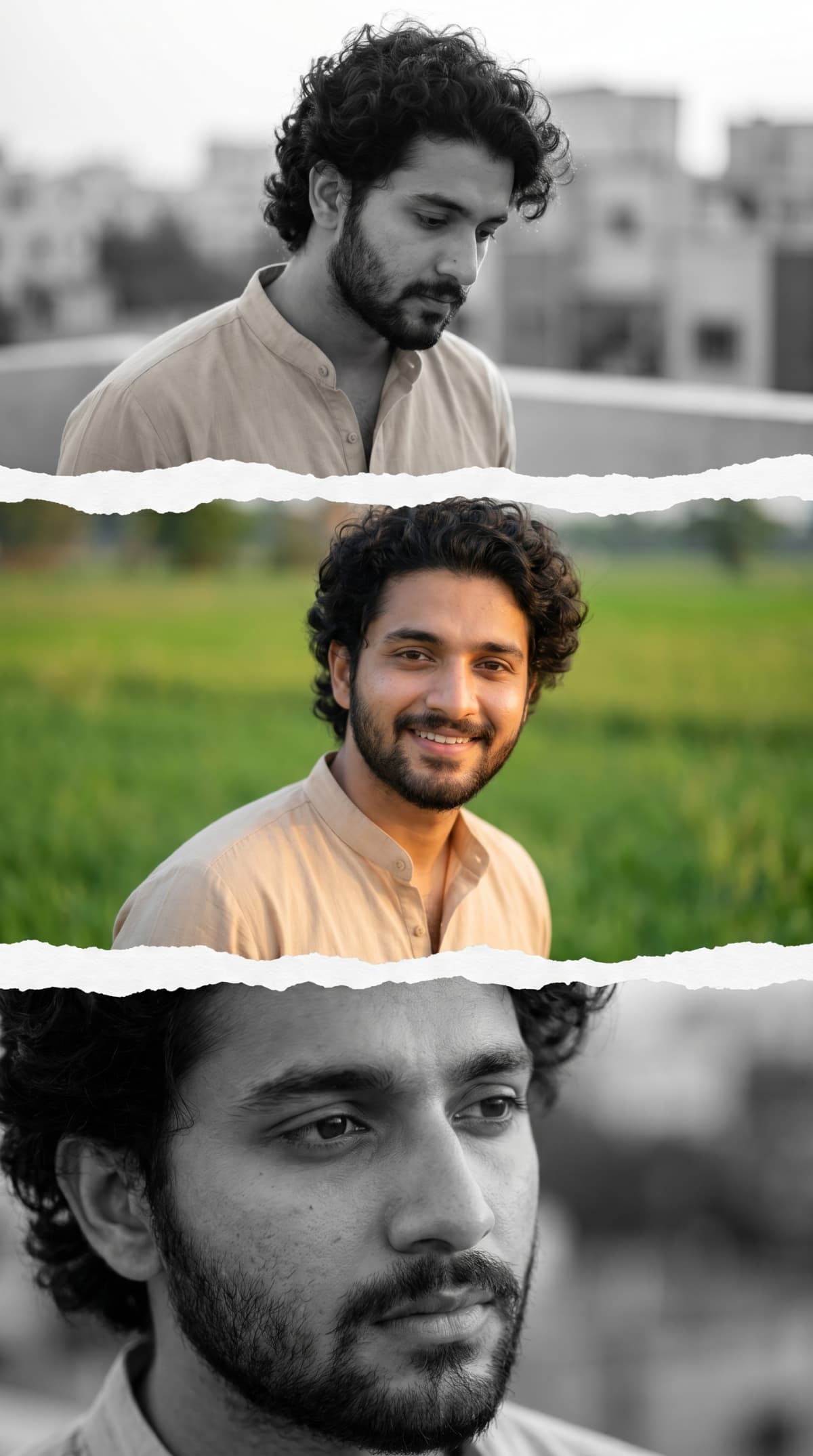 cinematic vertical triptych collage — AI photo created with this prompt