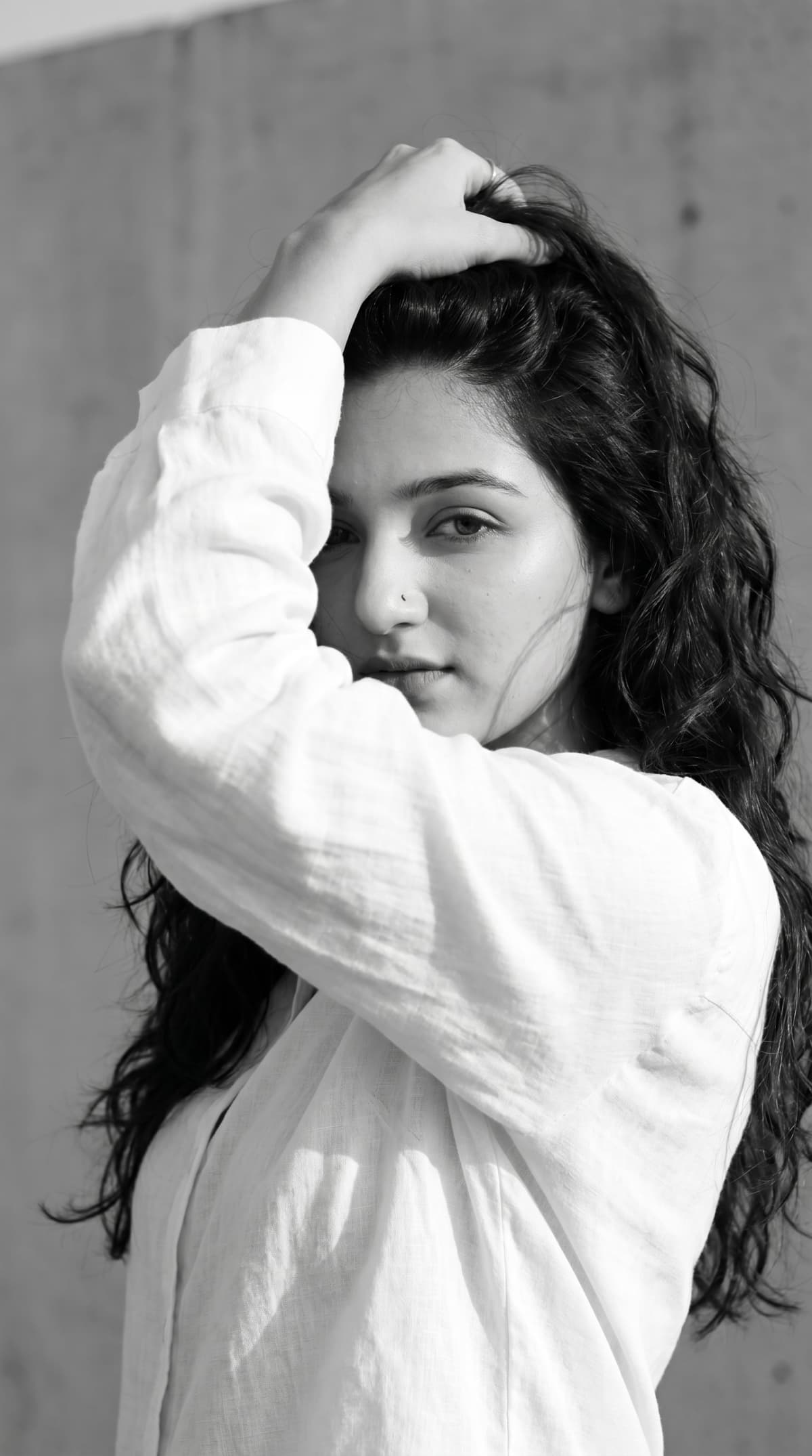 Black-and-white high-fashion editorial portrait — AI photo created with this prompt