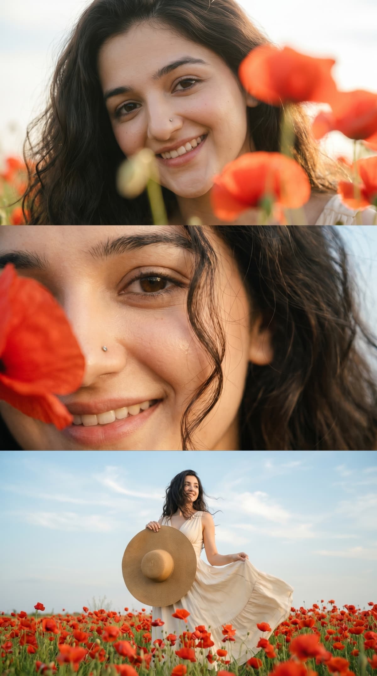 cinematic poppy field editorial collage — AI photo created with this prompt