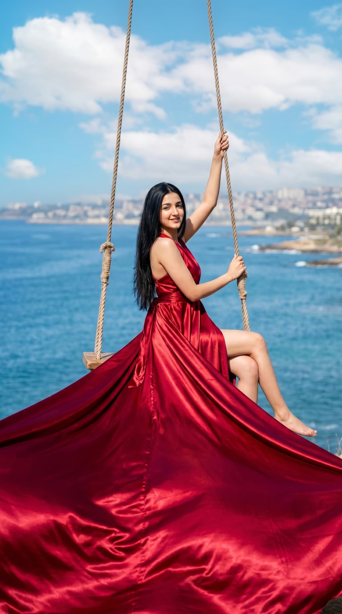 girl with luxurious flowing crimson-red satin gown — AI photo created with this prompt