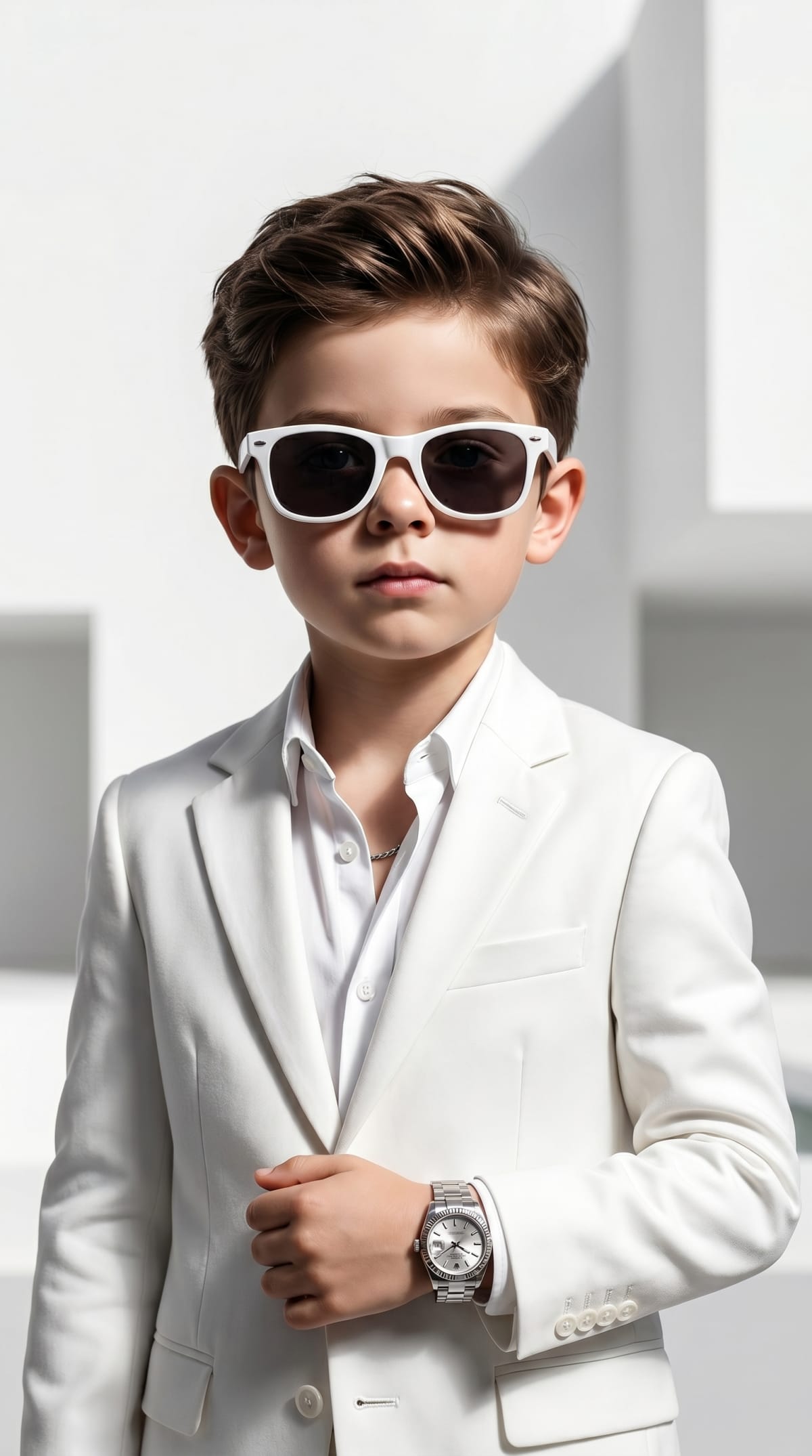 Kid with white suit luxury — AI photo created with this prompt